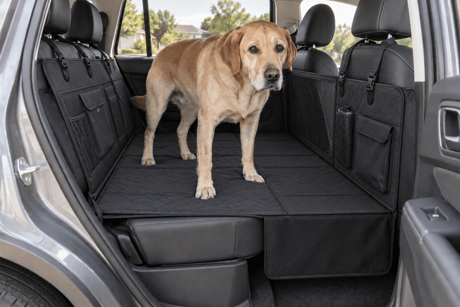 Illustration of a dog standing on a hard-bottom rear-seat extension