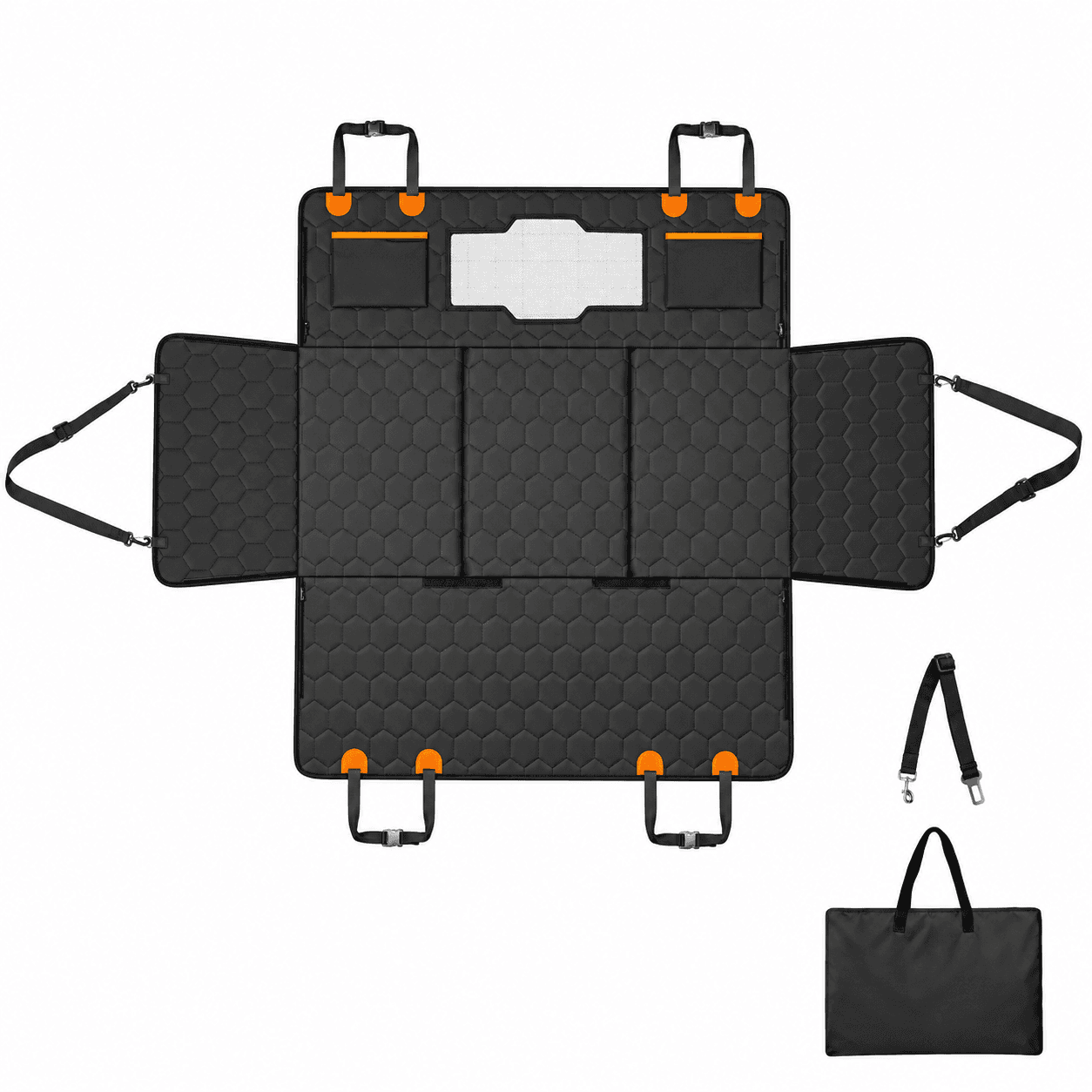 54 by 25.6 inch full-cover hard-bottom rear-seat extender with included tether and carry case