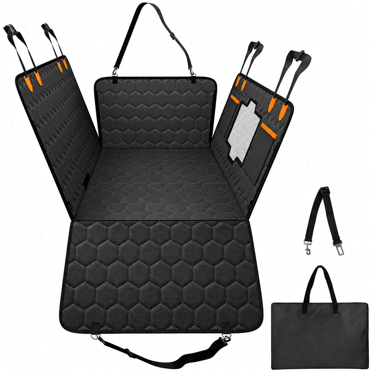 Open hard-bottom rear-seat extender with side walls, mesh panel, tether, and carry case